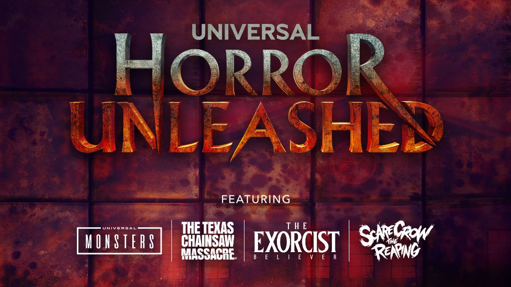 A promotional poster for Universal Horror Unleashed featuring logos of Monster, Chainsaw Massacre, Exorcist, and Scarecrow Reaping movies on a rust-colored metal background.