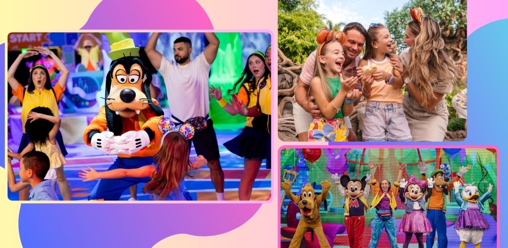 Three groups of people enjoy a fun day at an amusement park with characters and entertainment activities.