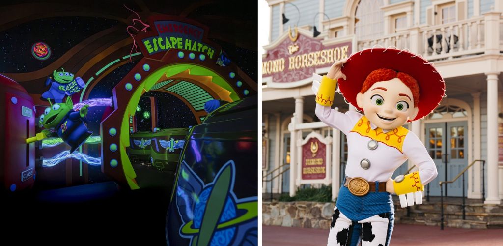 Left image: Neon-lit ride entrance themed with Toy Story characters and alien graphics.  
Right image: Costumed character of Jessie from Toy Story standing outside a western-style building.