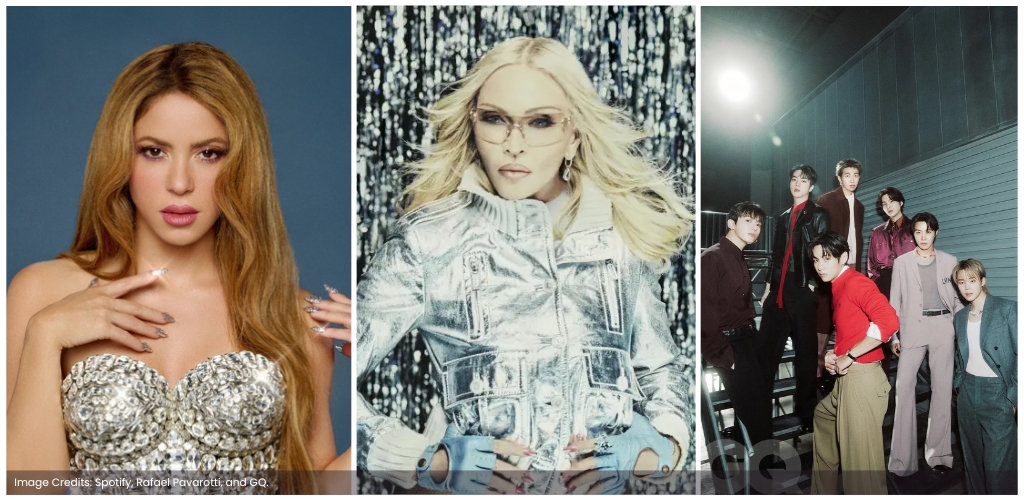 Collage of the 2026 World Cup halftime show lineup: Shakira, Madonna, and BTS.