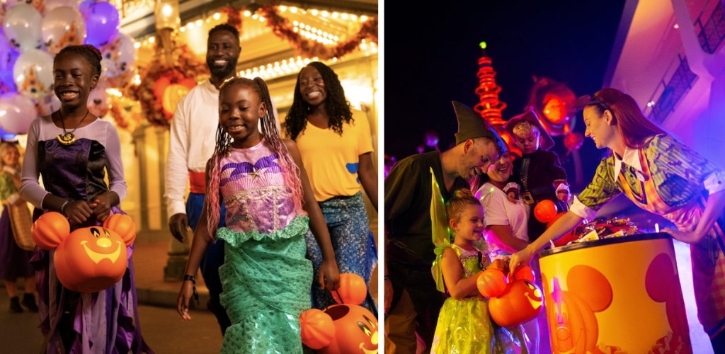 Children in Disney-themed Halloween costumes collecting candy from Cast Members during Mickey's Not-So-Scary Halloween Party.