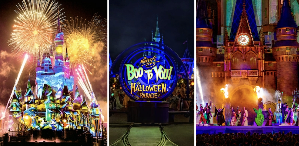 A collage of Cinderella Castle fireworks, Mickey's Boo-to-You Halloween Parade, and Disney villains performing during Disney's Not So Spooky Spectacular.