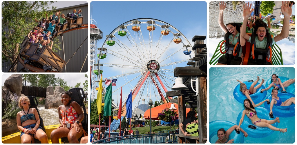Group of people enjoying rides and water attractions at an amusement park on a sunny day