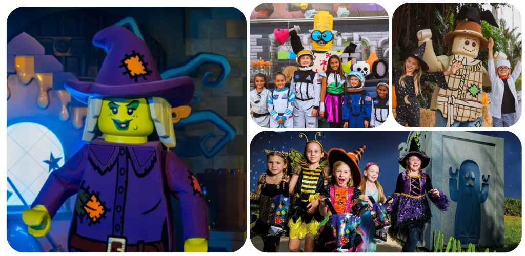 Group of children in colorful costumes at a themed Halloween event with oversized decorations and playful scenery.