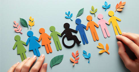 Colored paper cut outs in the shape of different people holding hands in a row, there's a person in a wheelchair included in the group.