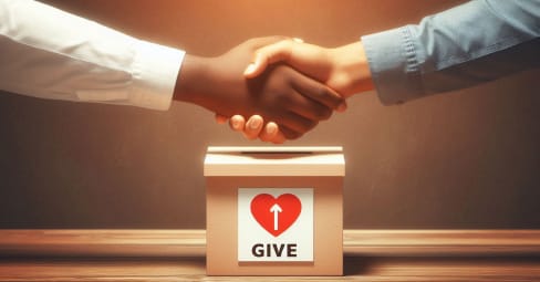 Two men in dress shirts shaking hands over the top of a donation box. The donation box has the message, "Give" with a heart.