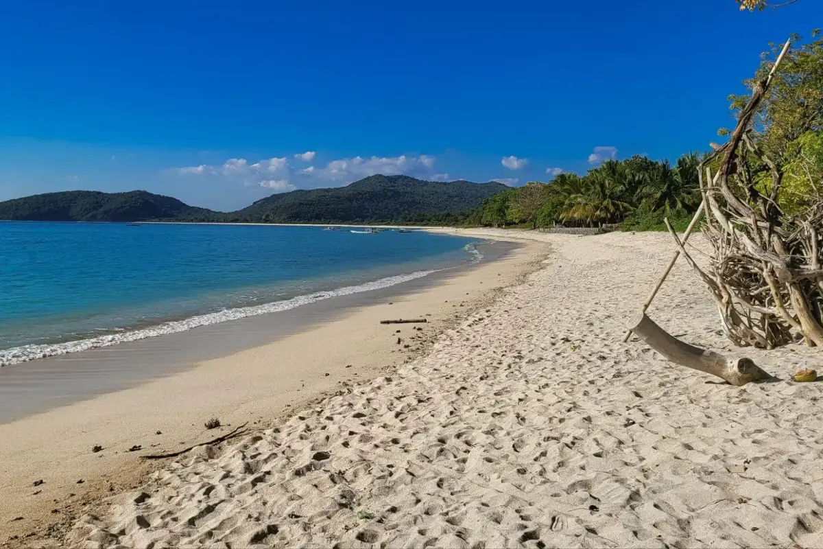Jelenga's white-sand shoreline beneath a clear blue sky