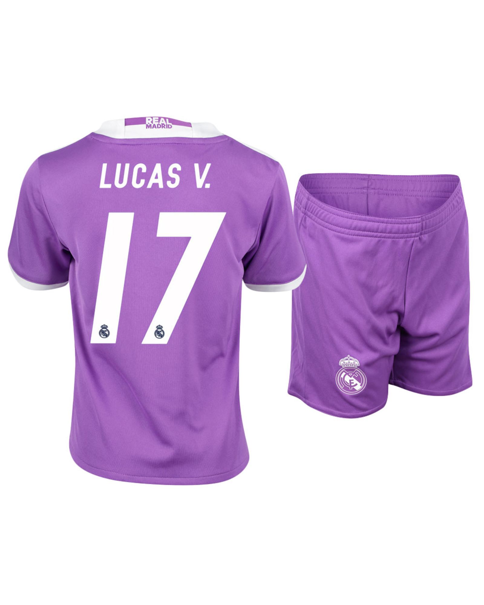 Conjunto 2ª Real Madrid 2016/2017 Lucas Vázquez Junior Morado - Fútbol Factory