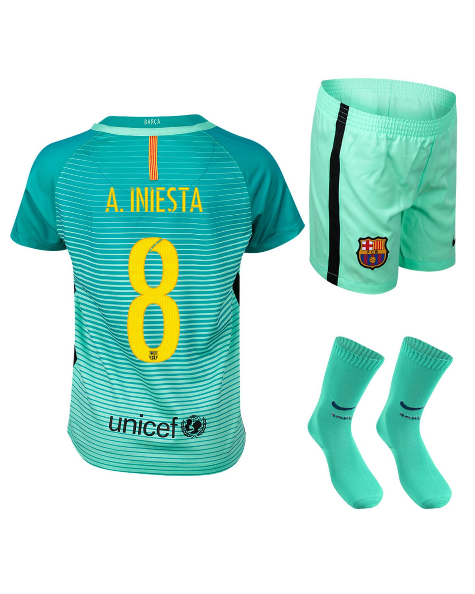 Conjunto 3ª FC Barcelona 2016/2017 Iniesta UCL Infantil Verde - Fútbol Factory