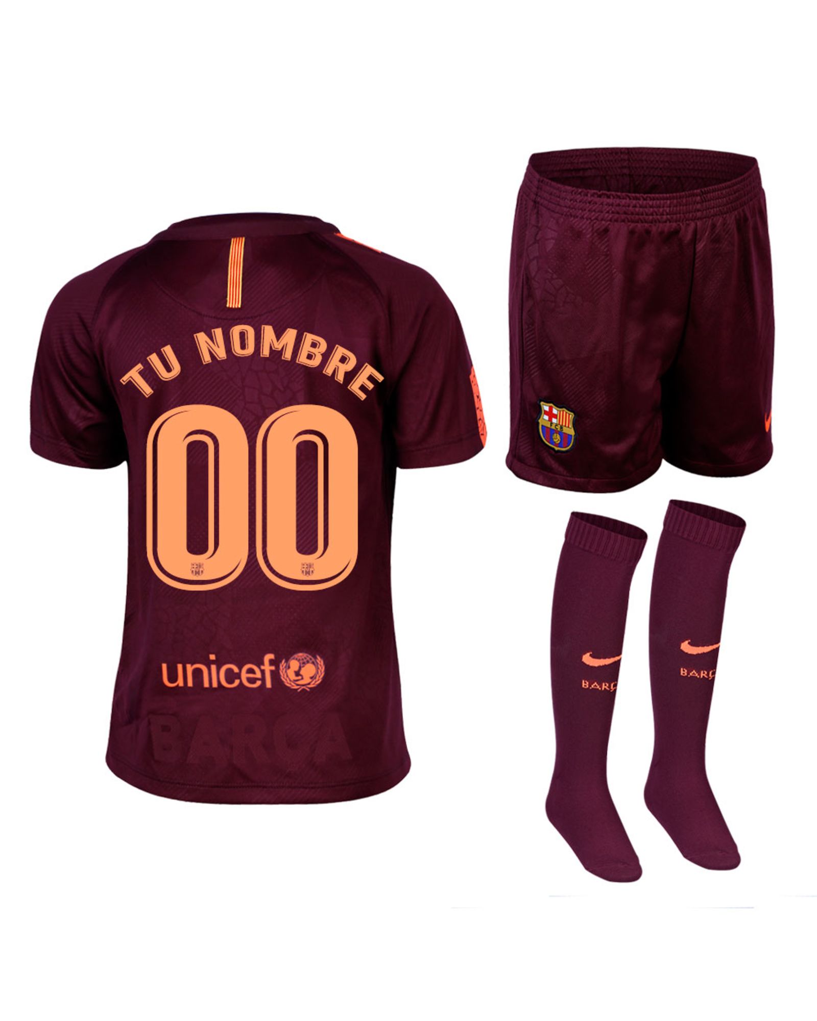 Conjunto 3ª FC Barcelona 2017/2018 Personalizado Infantil Granate - Fútbol Factory