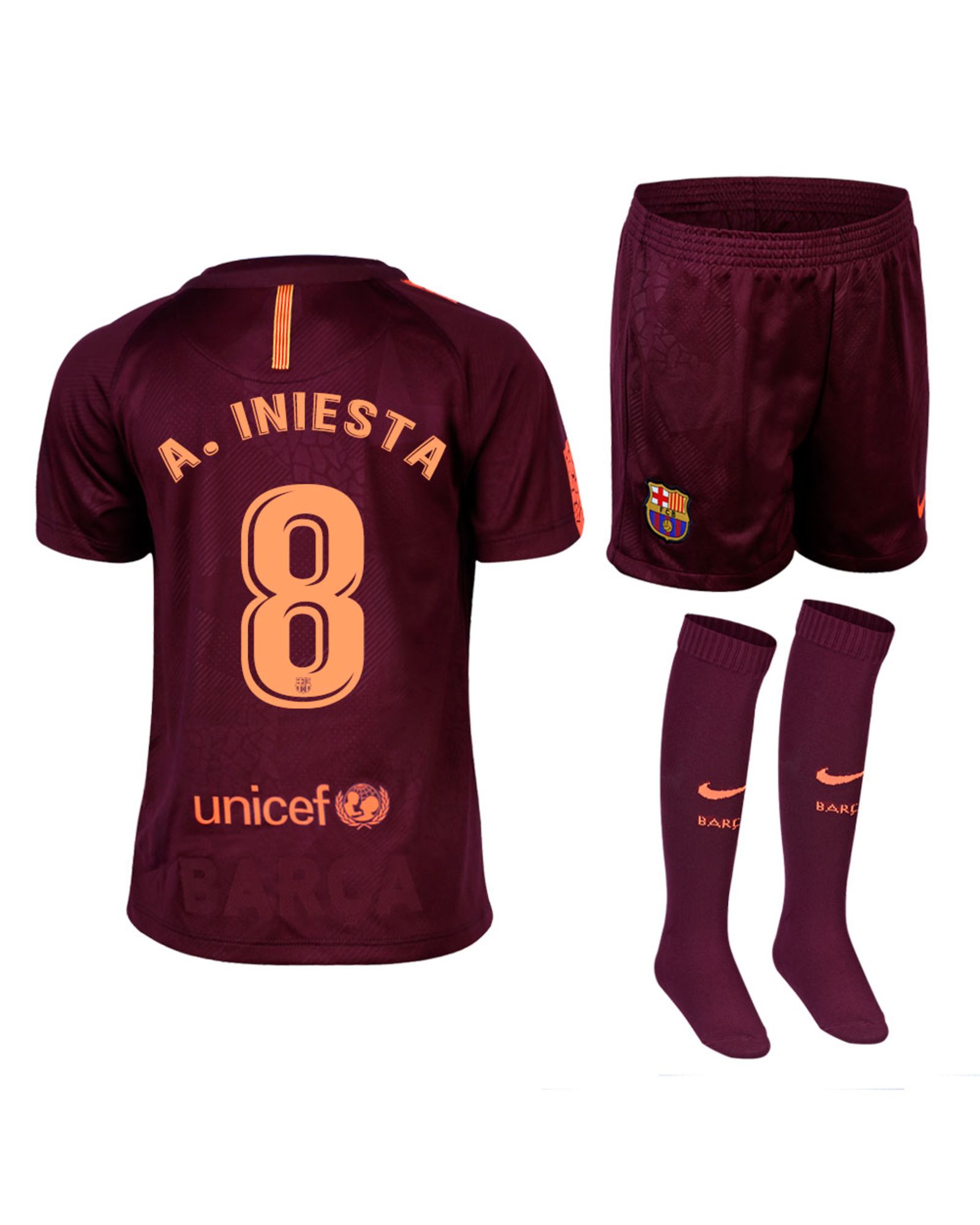 Conjunto 3ª FC Barcelona 2017/2018 Iniesta Infantil Granate - Fútbol Factory