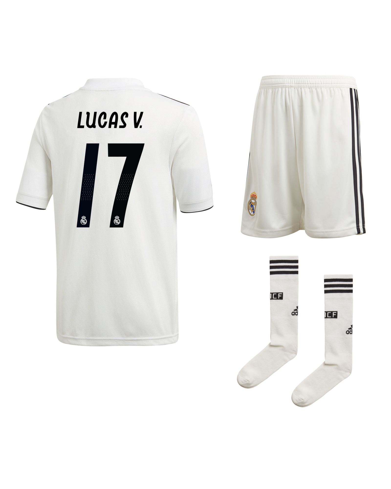 Conjunto 1ª Real Madrid 2018/2019 Lucas Vázquez LaLiga Junior - Fútbol Factory