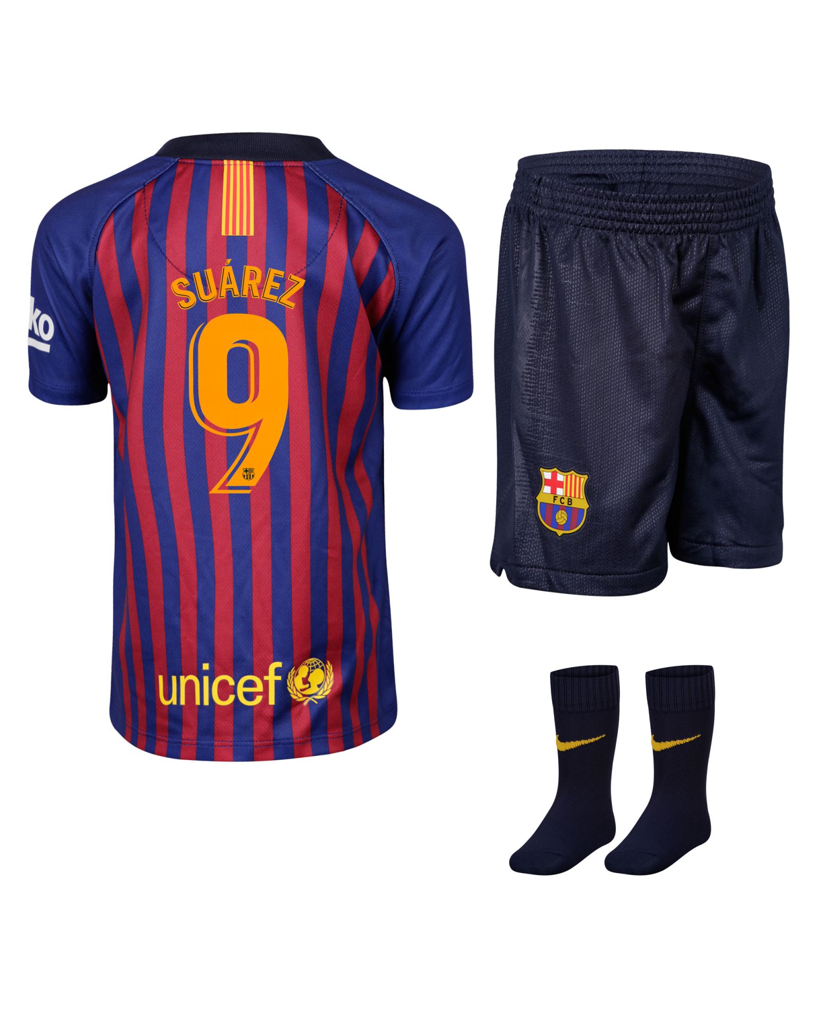 Conjunto 1ª FC Barcelona 2018/2019 Suárez Infantil - Fútbol Factory