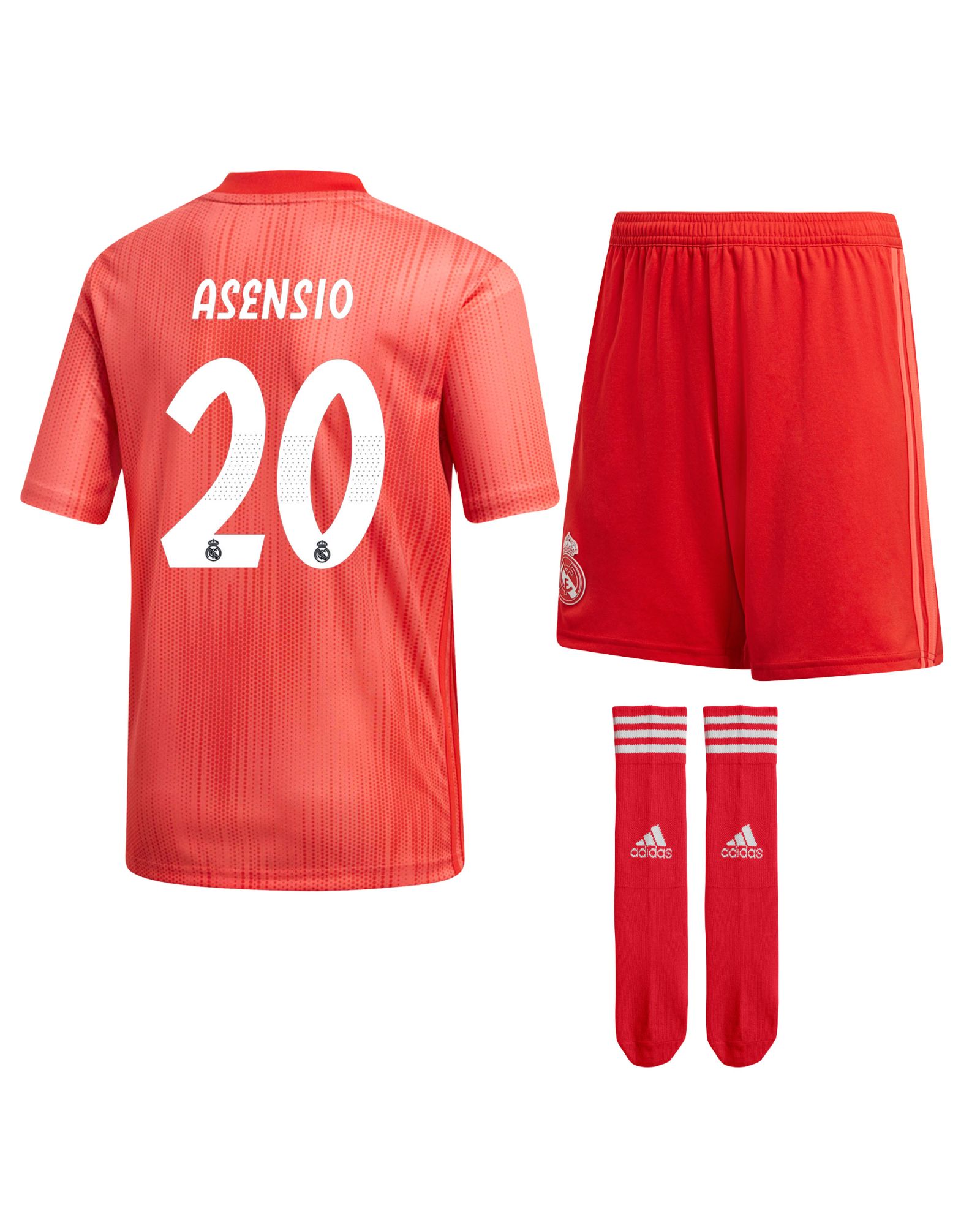 Conjunto 3ª Real Madrid 2018/2019 Asensio Junior Coral - Fútbol Factory