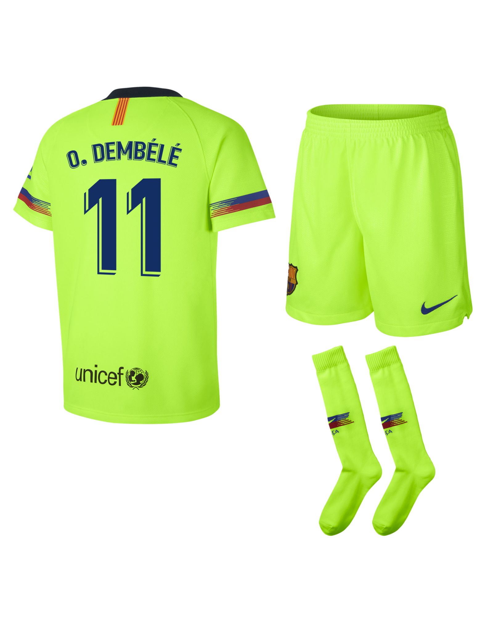 Conjunto 2ª FC Barcelona 2018/2019 Dembélé Infantil Amarillo Fluor - Fútbol Factory