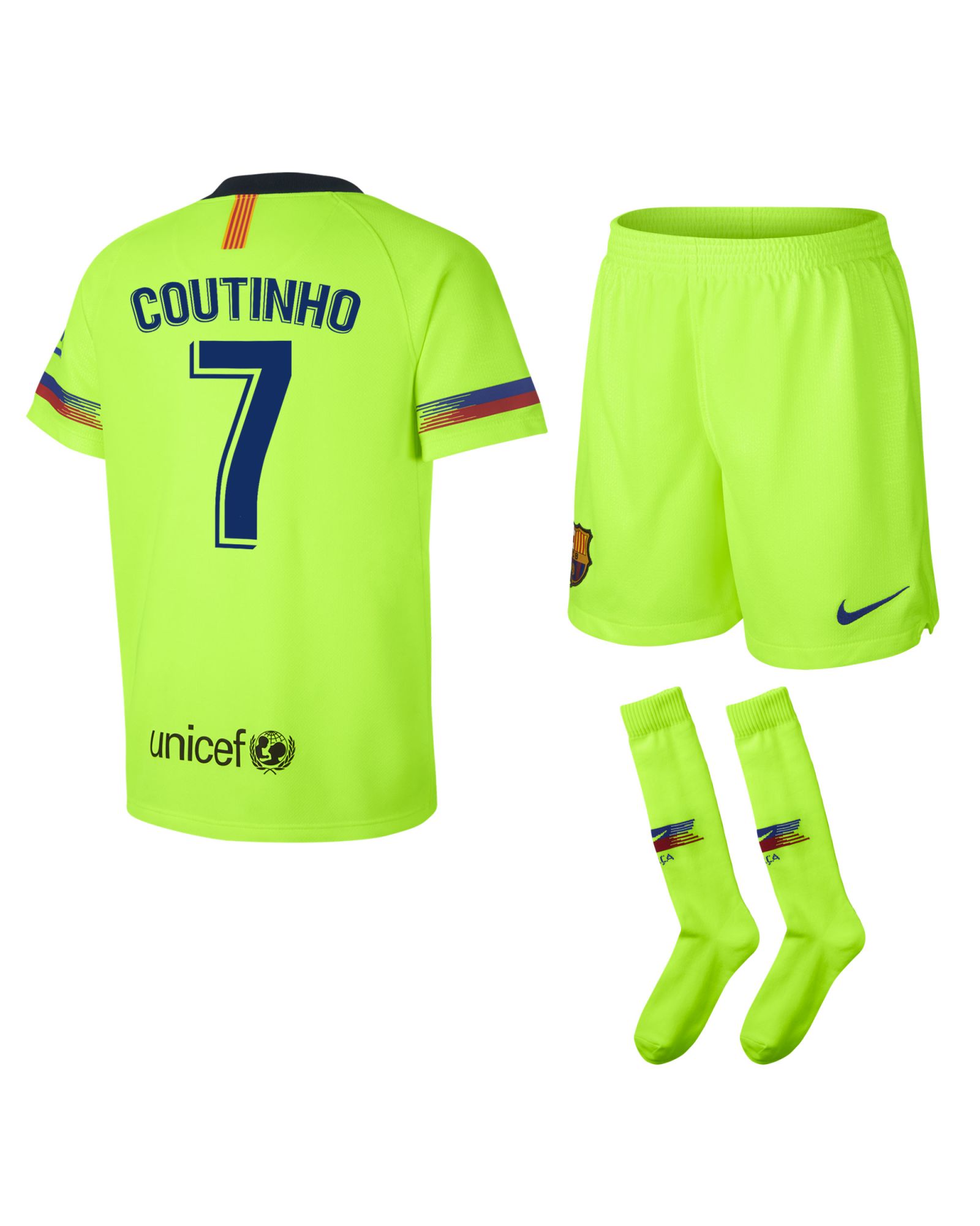 Conjunto 2ª FC Barcelona 2018/2019 Coutinho Infantil Amarillo Fluor - Fútbol Factory