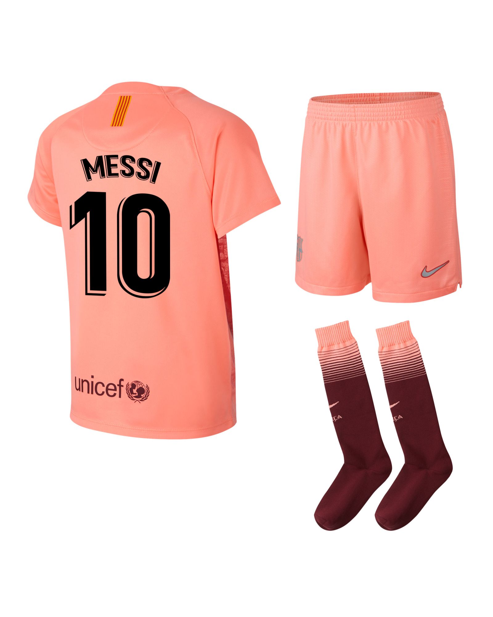 Conjunto 3ª FC Barcelona 2018/2019 Messi Infantil Rosa - Fútbol Factory