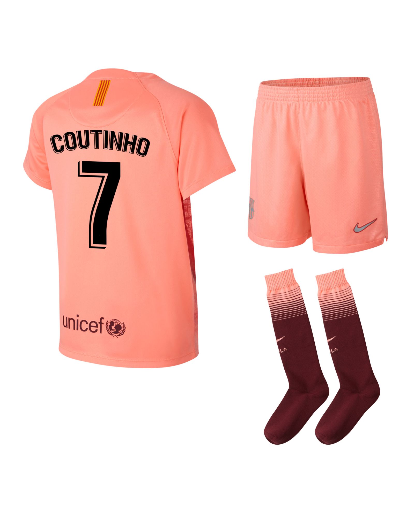 Conjunto 3ª FC Barcelona 2018/2019 Coutinho Infantil Rosa - Fútbol Factory