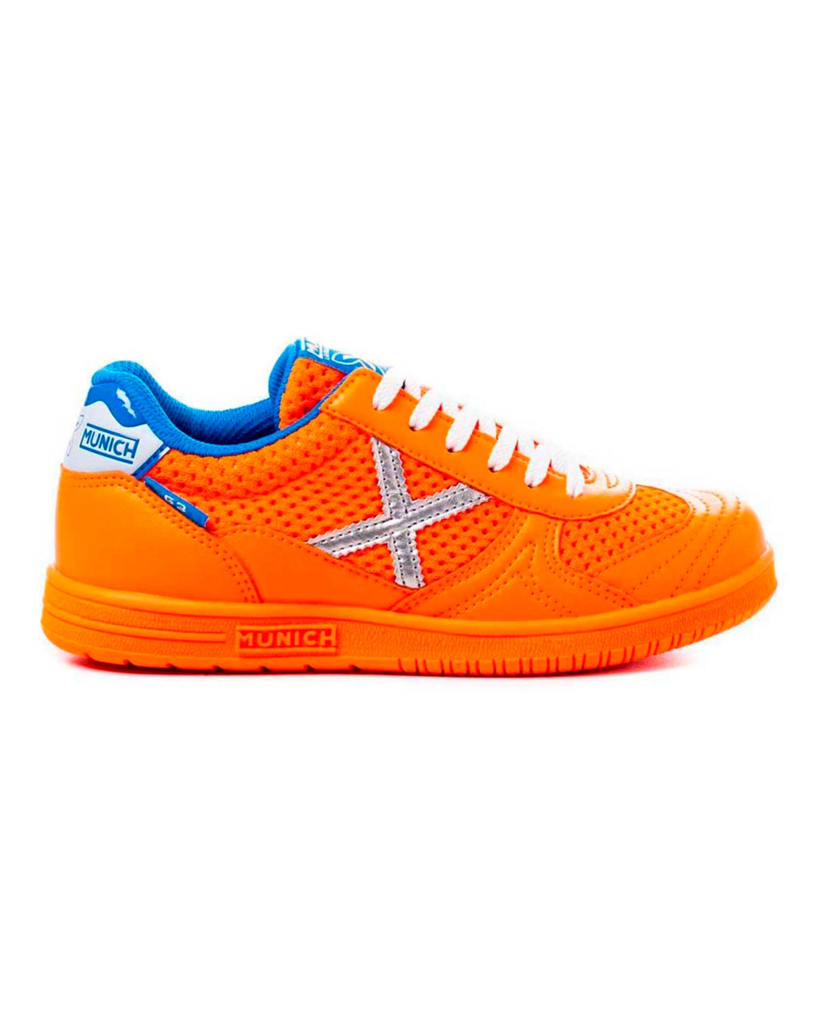 Zapatillas munich g3 indoor blanco naranja de niño.