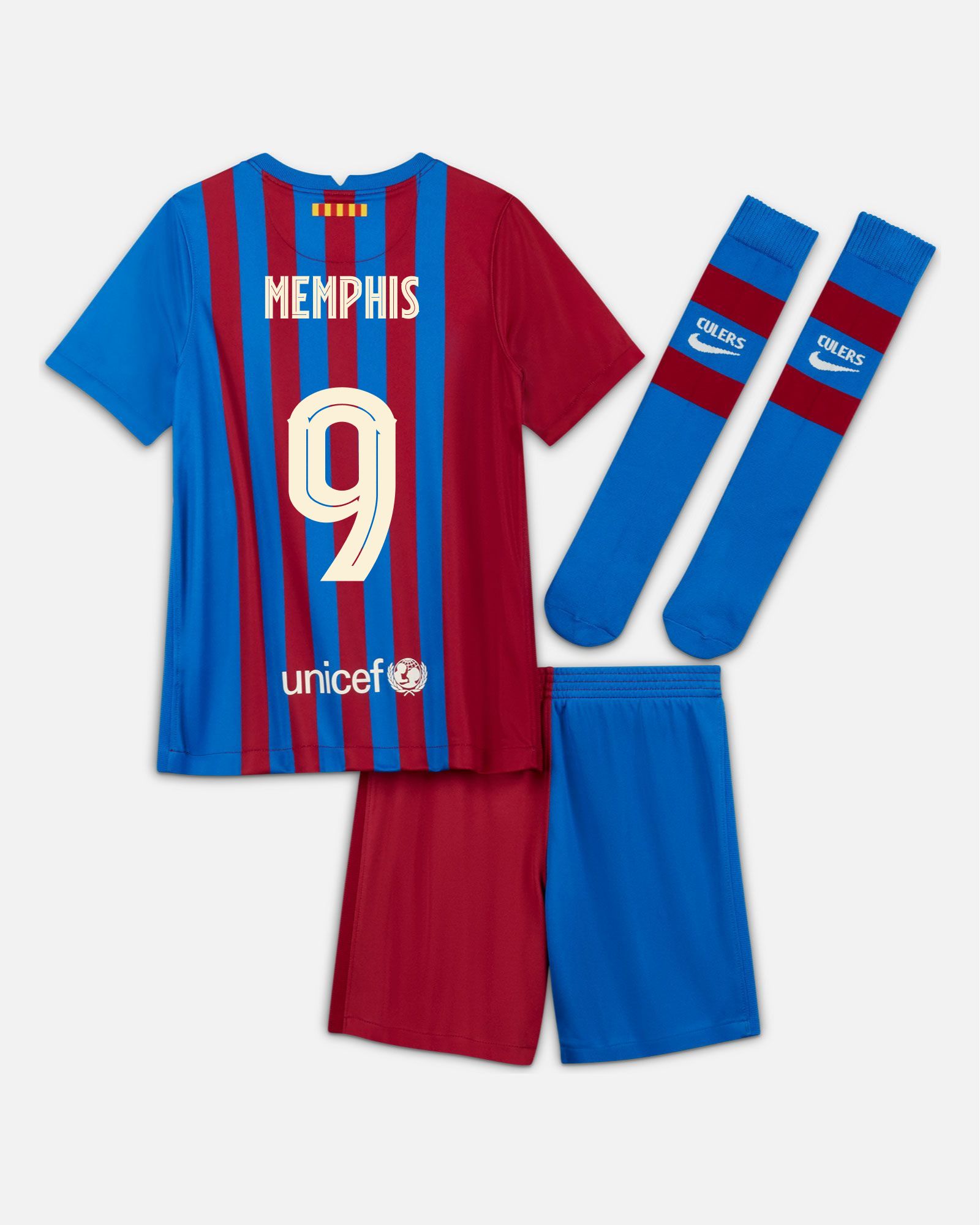 Miniconjunto 1ª FC Barcelona 2021/2022 Memphis para niño - Fútbol Factory