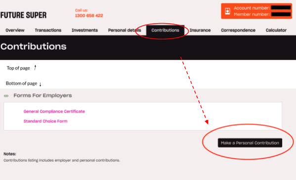 Contributions page of Future Super member account