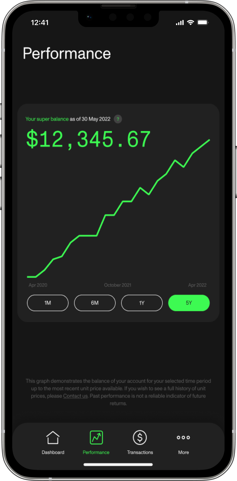 Screenshot of the Future Super mobile app