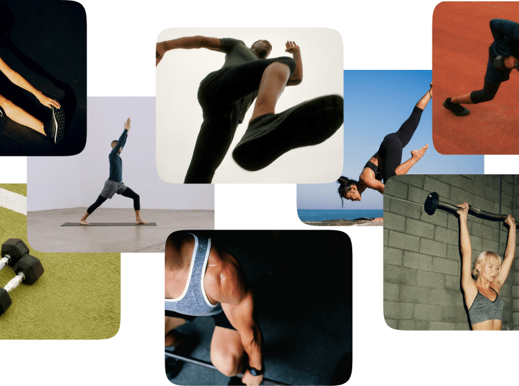 A collage of fitness and workout scenes, including individuals stretching, running, lifting weights, and practicing yoga. Images show a woman doing a seated stretch, a man lunging with dumbbells on a red track, a person sprinting, a yoga warrior pose, a woman doing yoga by the ocean, a pair of dumbbells on turf, a man performing a deadlift, and a woman lifting a barbell overhead inside a gym.
