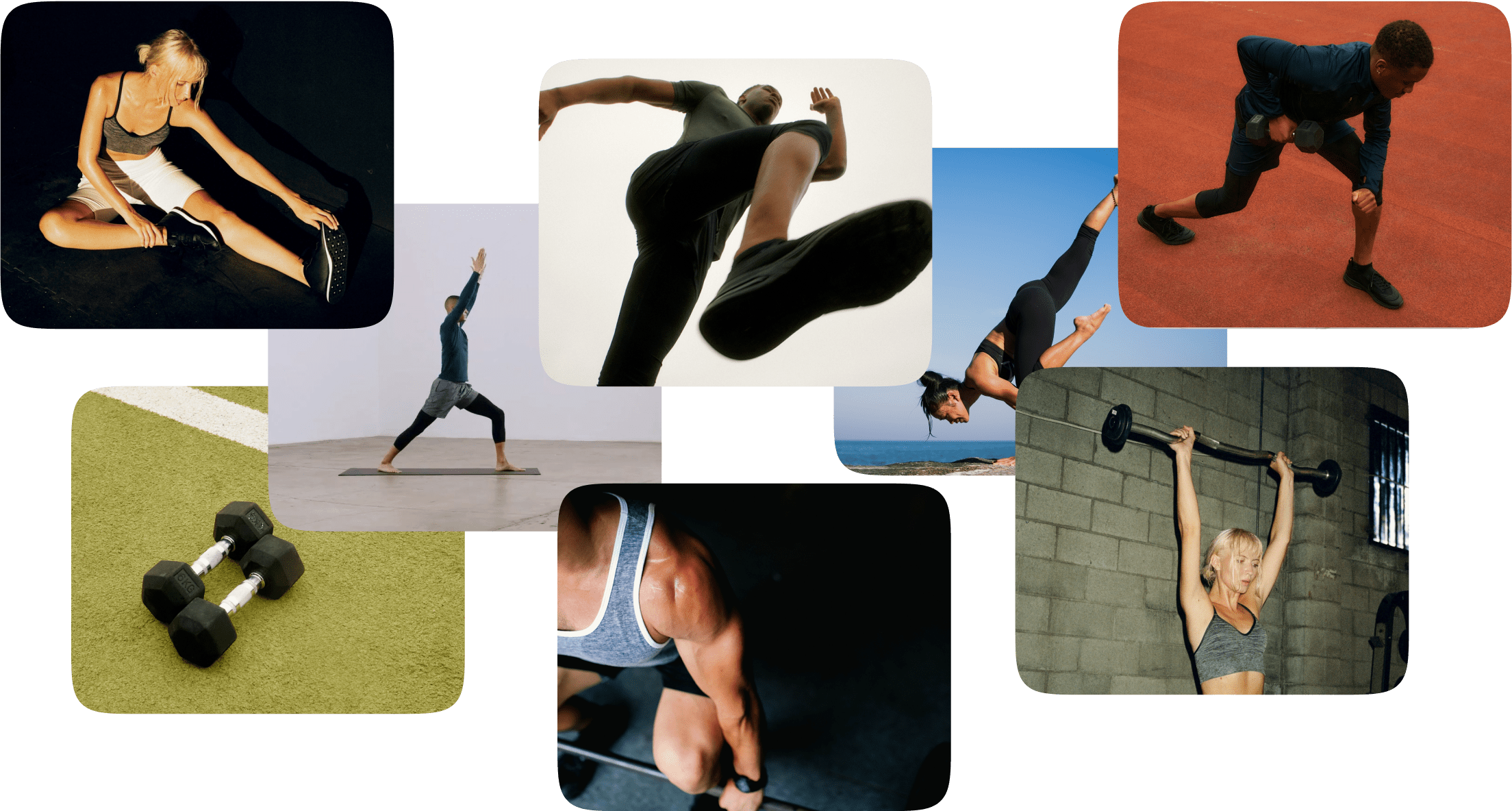 A collage of fitness and workout scenes, including individuals stretching, running, lifting weights, and practicing yoga. Images show a woman doing a seated stretch, a man lunging with dumbbells on a red track, a person sprinting, a yoga warrior pose, a woman doing yoga by the ocean, a pair of dumbbells on turf, a man performing a deadlift, and a woman lifting a barbell overhead inside a gym.