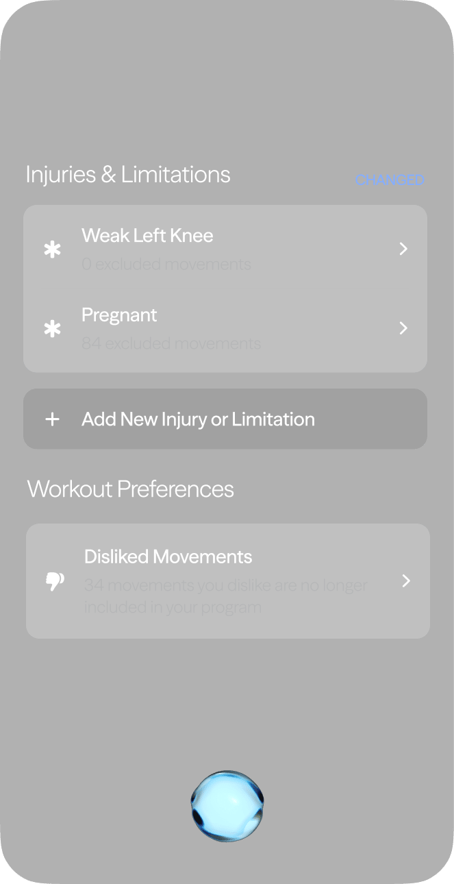 Workout adaptation and injury settings interface