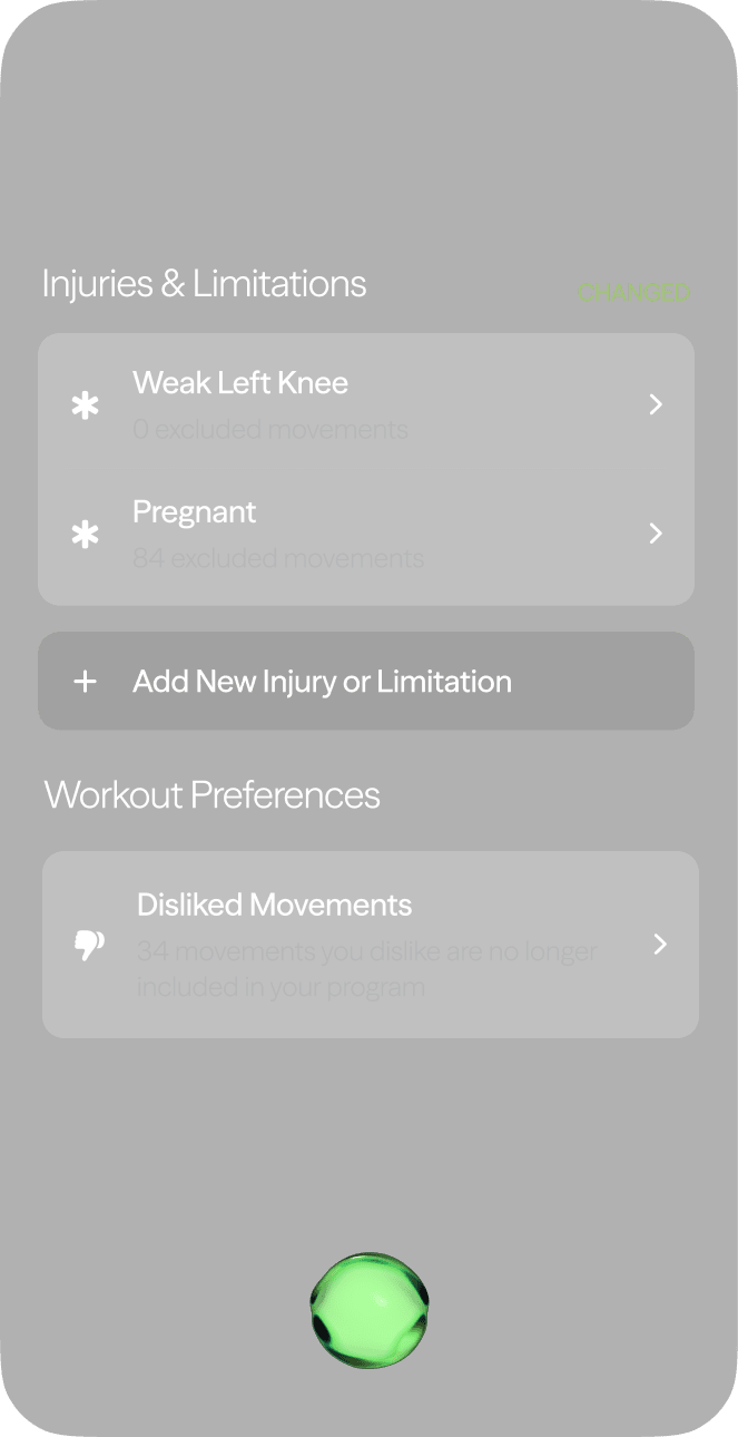 Workout adaptation and injury settings interface