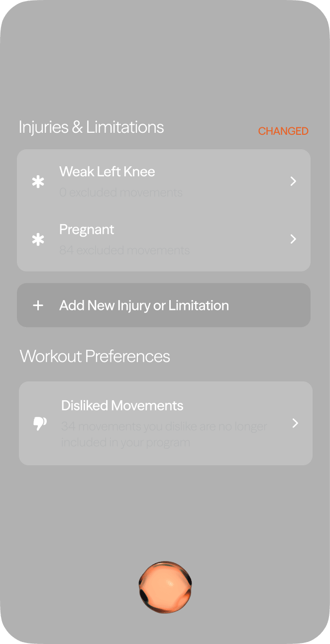 Workout adaptation and injury settings interface