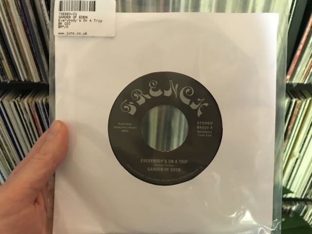 “Everybody’s on a Trip” by Garden of Eden, a 7″ vinyl release on Backatcha records