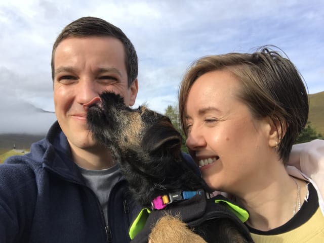 Laurence, Clair and Rudy at the Cluanie Inn, Glenmoriston, in September 2020