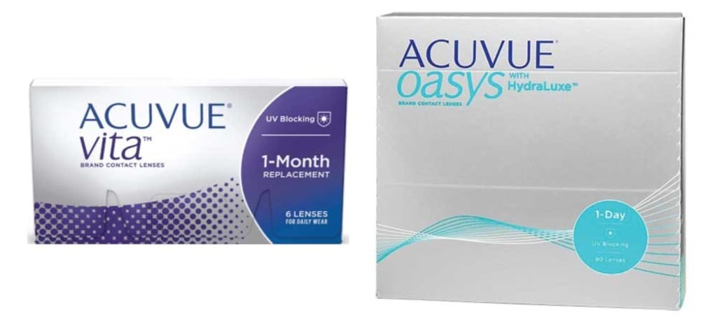 Acuvue Vita and Acuvue Oasys product boxes side by side