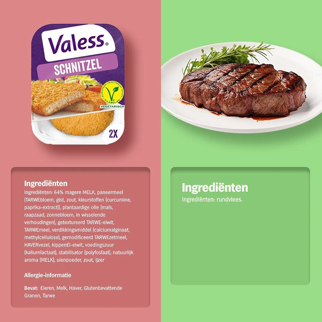 Een vegan schnitzel ten opzichte van een normaal stuk vlees.