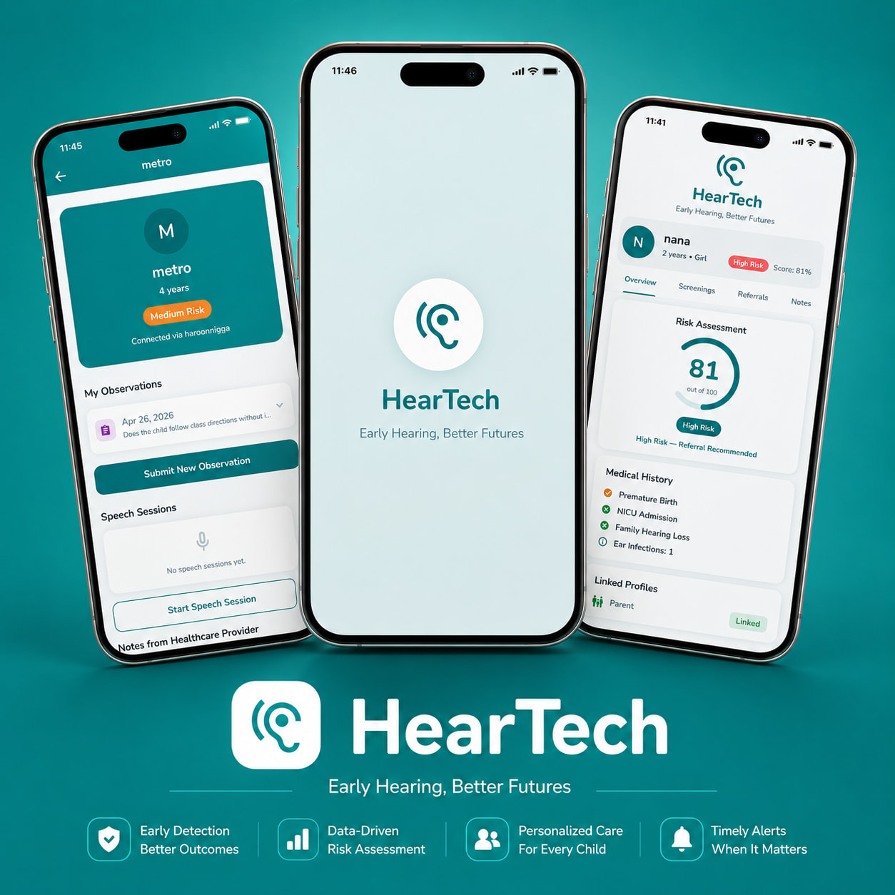 The HearTech hearing screening app running on a phone.