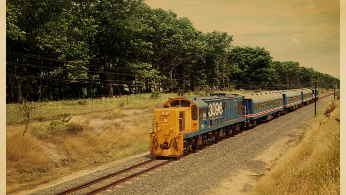 A historic blue and yellow diesel locomotive pulls a long passenger train along tracks lined with dense green trees.