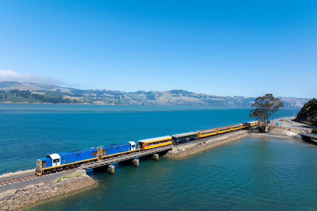 The Seasider train crosses a bridge in Dunedin, NZ over a vibrant blue body of water, with rolling green hills in the background.