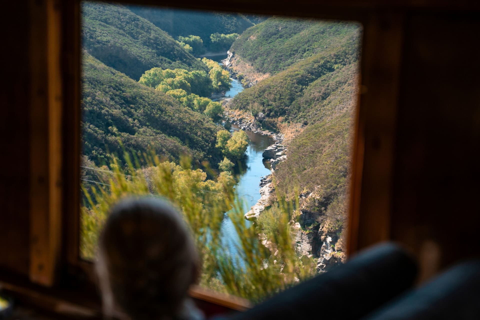 A blue and yellow train crosses a tall steel viaduct spanning a rocky, grassy gorge between rolling hills.