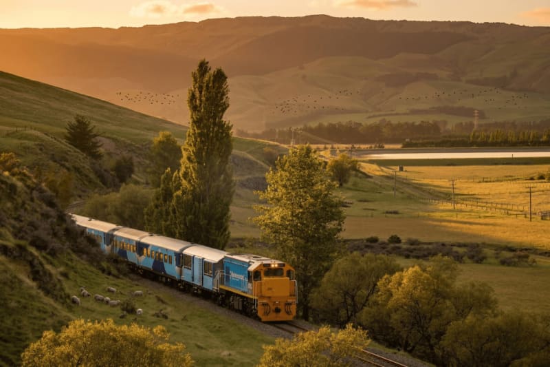 A blue and yellow passenger Mainlander train travels along a winding track through a scenic, hilly landscape at sunset.