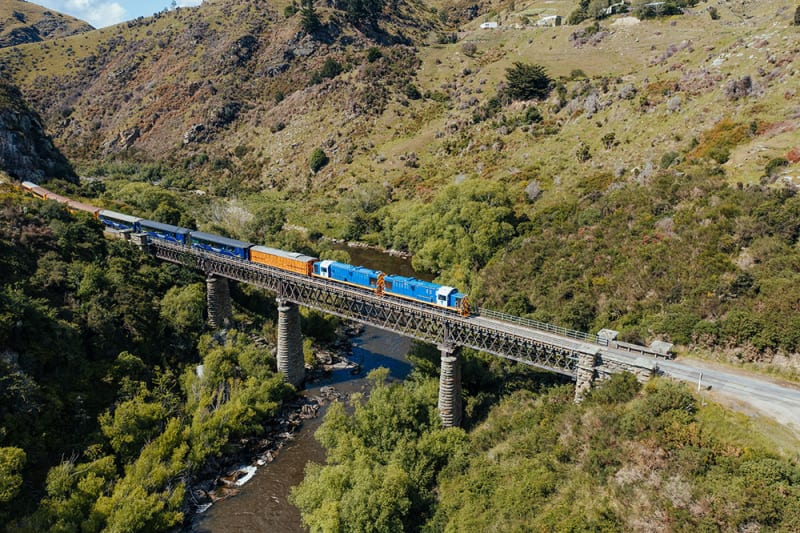 An aerial view of the Taieri Gorge train traveling on tracks along the winding Taieri river and dense forest.
