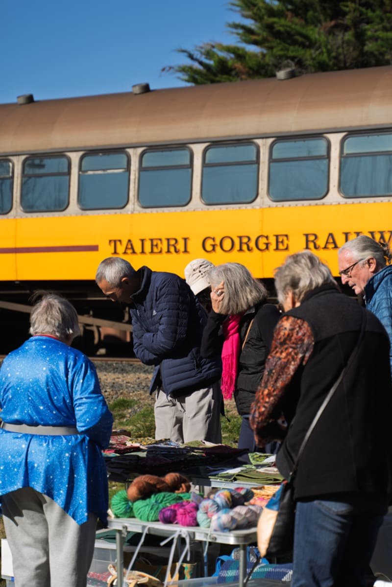 The Taieri gorge passenger train parked at the Dunedin Railway Station beneath a large glass and steel roof.