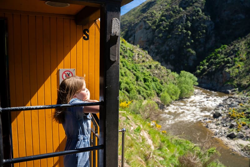 A young girl looks out the open doorway of the Taieri Gorge train, viewing the Taieri river canyon.