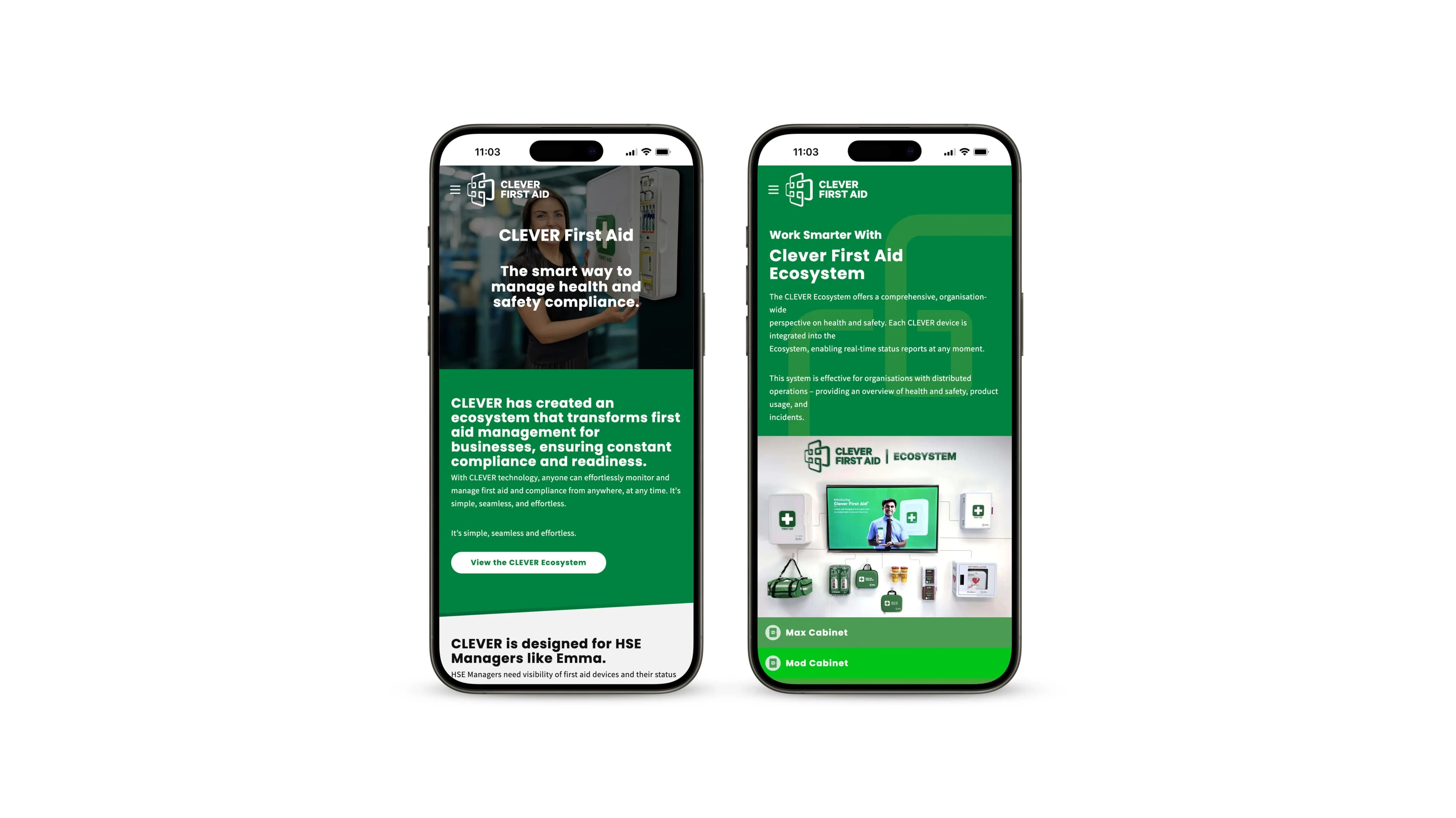 Clever First Aid website displayed on two smartphones.