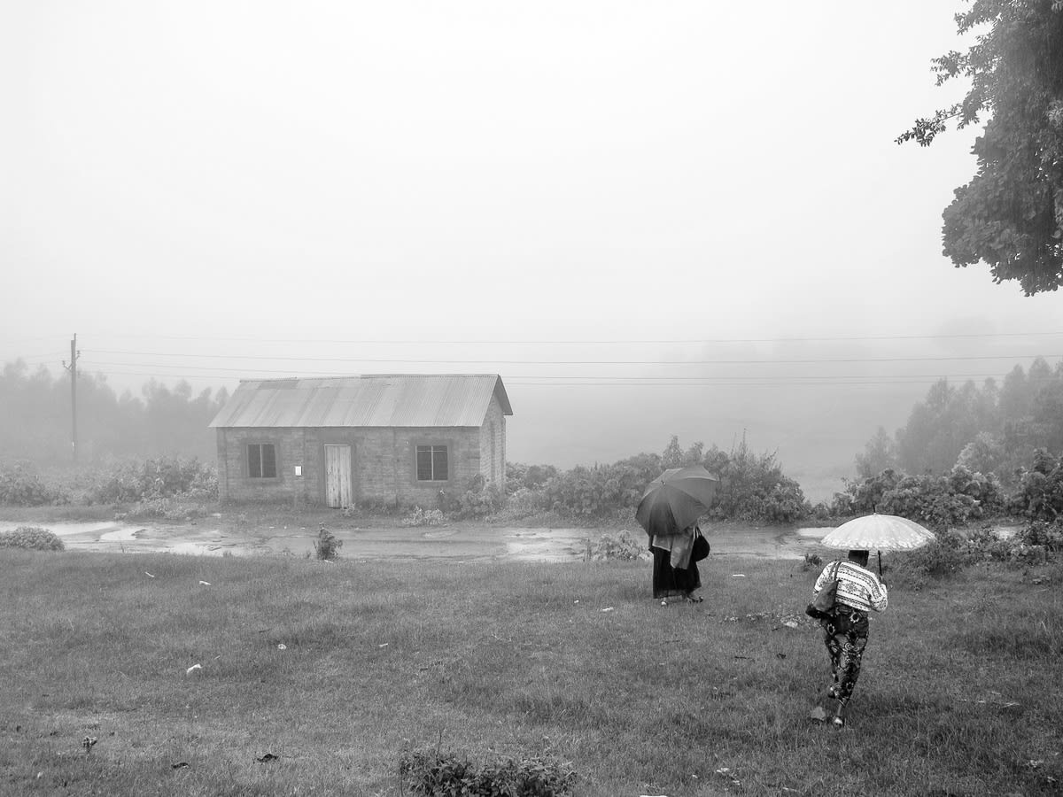 Two figures walking with umbrellas past a house in misty countryside