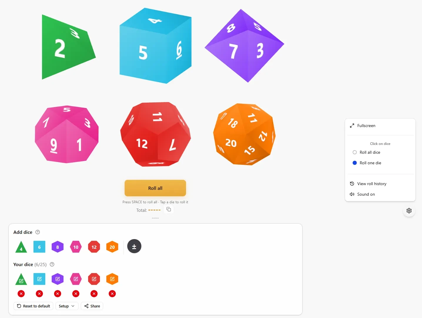 SpinWheelPlus dice roller — Add dice panel, Your dice list, and 3D dice table