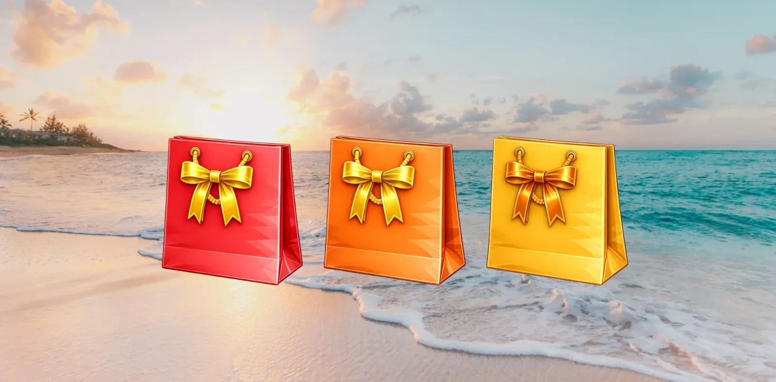 Colorful gift bags with gold bows - example of a festive mystery box look you can style on SpinWheelPlus