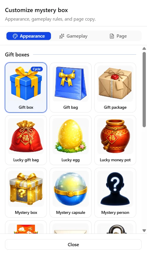 Customize mystery box drawer on Appearance tab showing Gift boxes styles such as Gift box, Gift bag, Lucky egg, and Mystery capsule