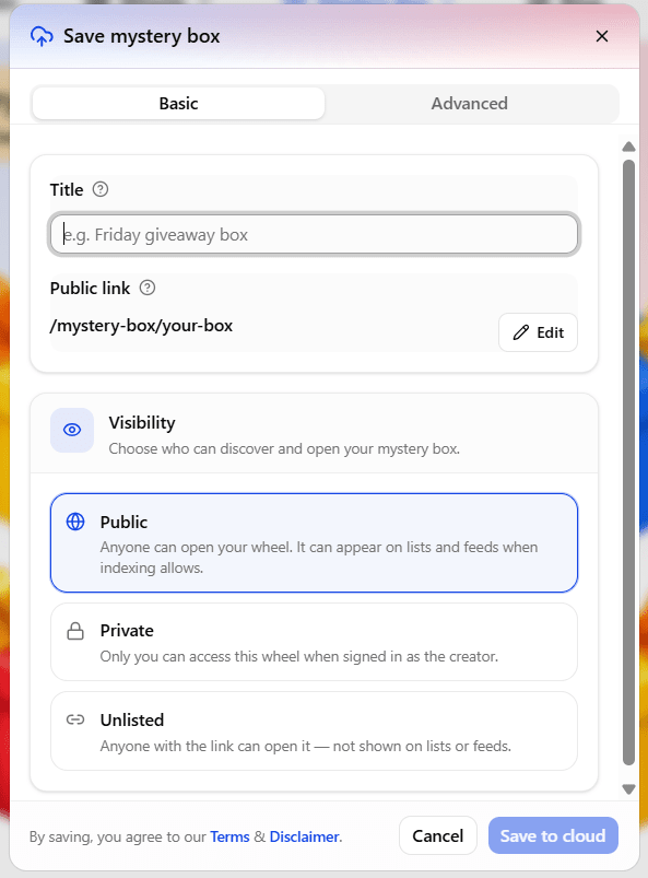 Save mystery box dialog with Title, Public link slug, visibility Public Private or Unlisted, and Save to cloud button