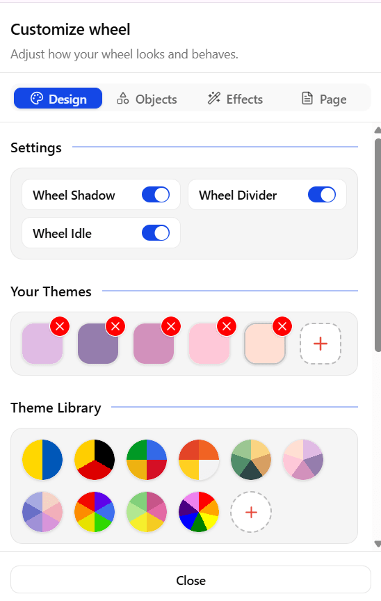 Customize wheel Design tab on SpinWheelPlus.